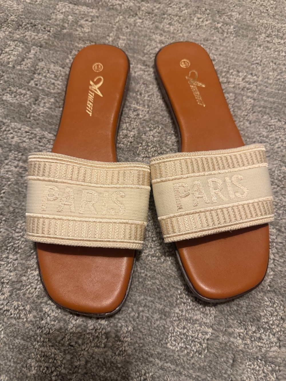 Women’s Cream Slide Sandals with Embroidered Band- Paris